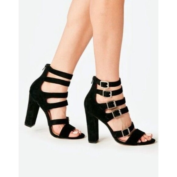 **NEW** JustFab Black Strappy Faux Suede Sandals w/buckles & block heel-Size 7 - Picture 1 of 3